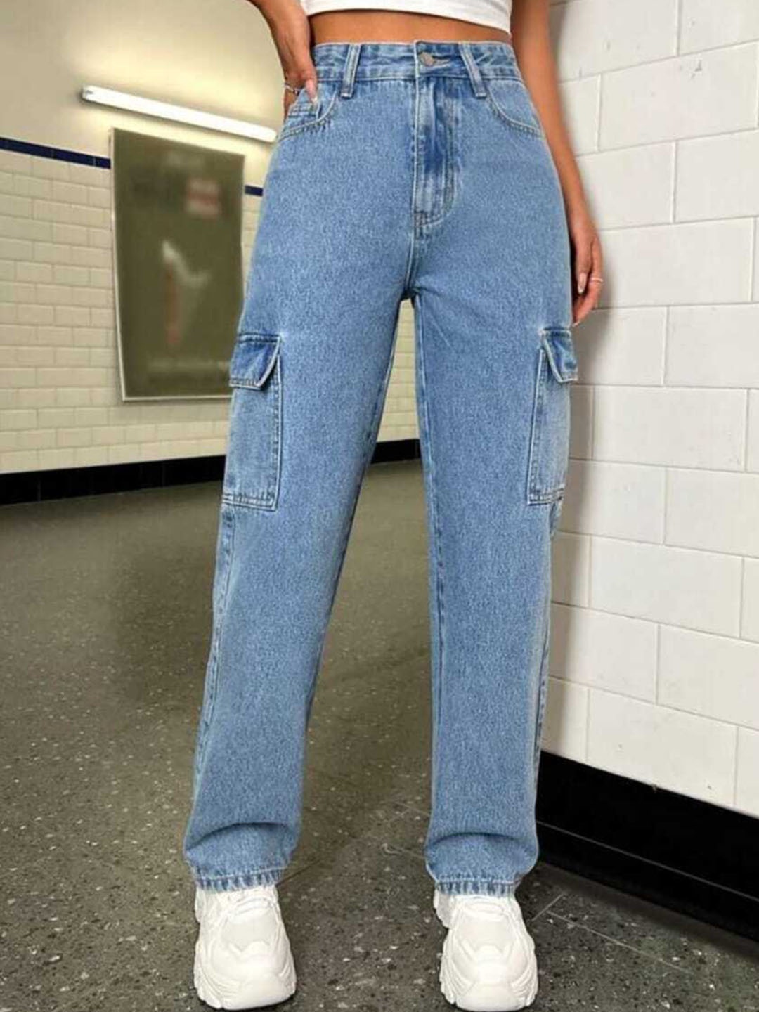 

Next One Women Smart High-Rise Clean Look Stretchable Cargo Jeans, Blue
