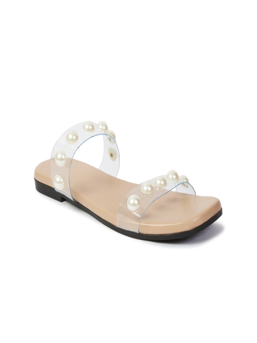 

HASTEN Embellished Open Toe Flats, Beige