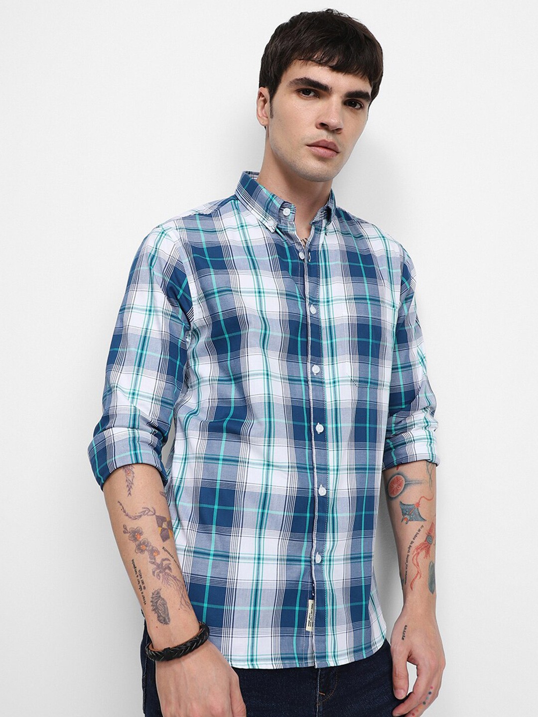 

Dennis Lingo Tartan Checked Slim Fit Pure Cotton Casual Shirt, Navy blue