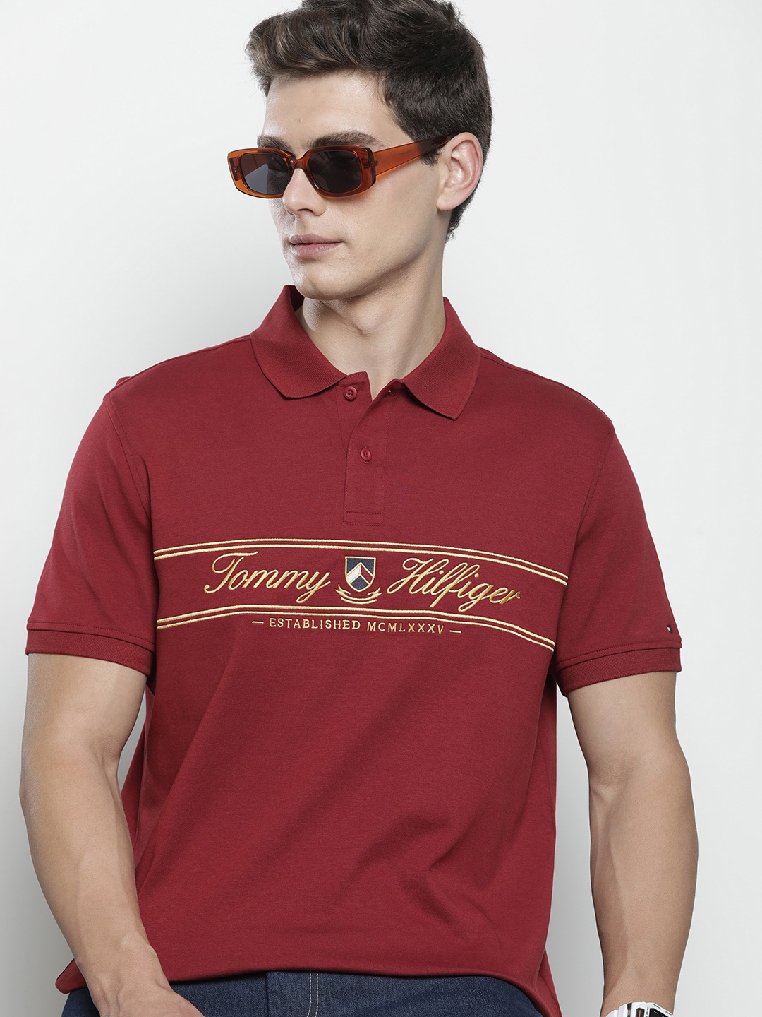 

Tommy Hilfiger Men Brand Logo Printed Polo Collar Pure Cotton T-shirt, Maroon