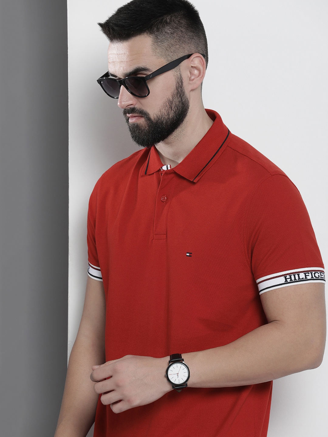 

Tommy Hilfiger Solid Red Polo Collar Pure Cotton T-shirt