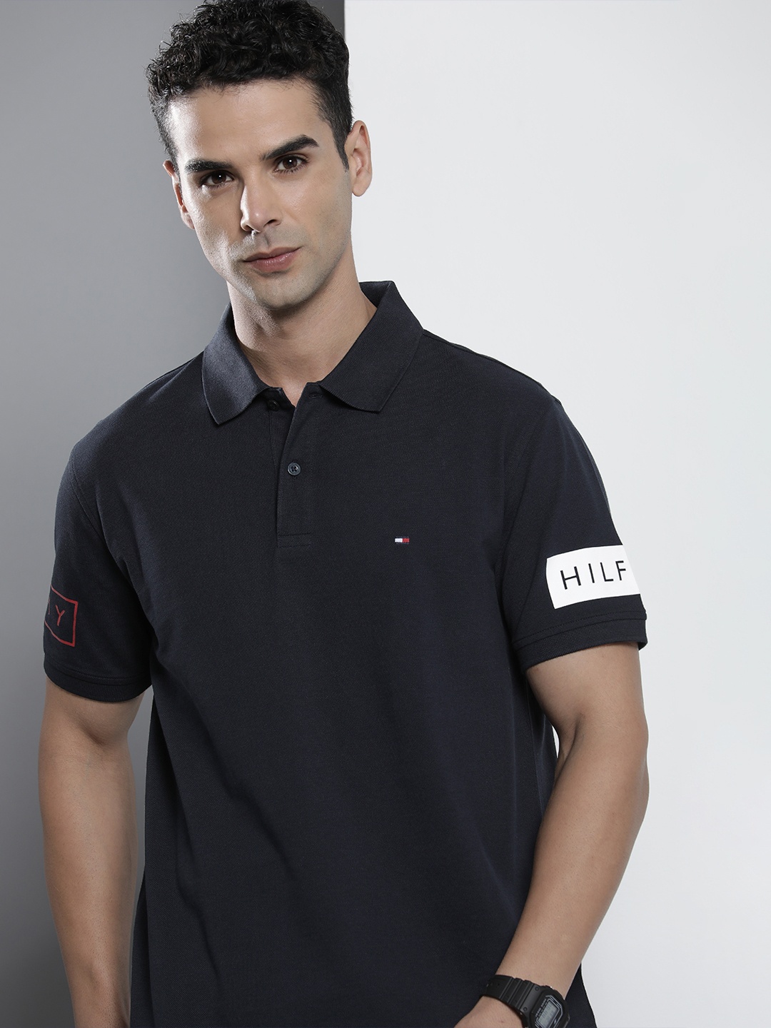 

Tommy Hilfiger Men Brand Logo Placement Print Polo Collar Pure Cotton T-shirt, Navy blue