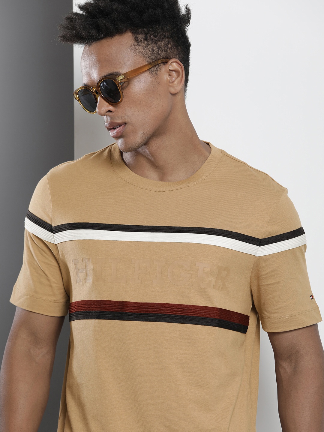 

Tommy Hilfiger Striped And Printed Pure Cotton Casual T-shirt, Beige