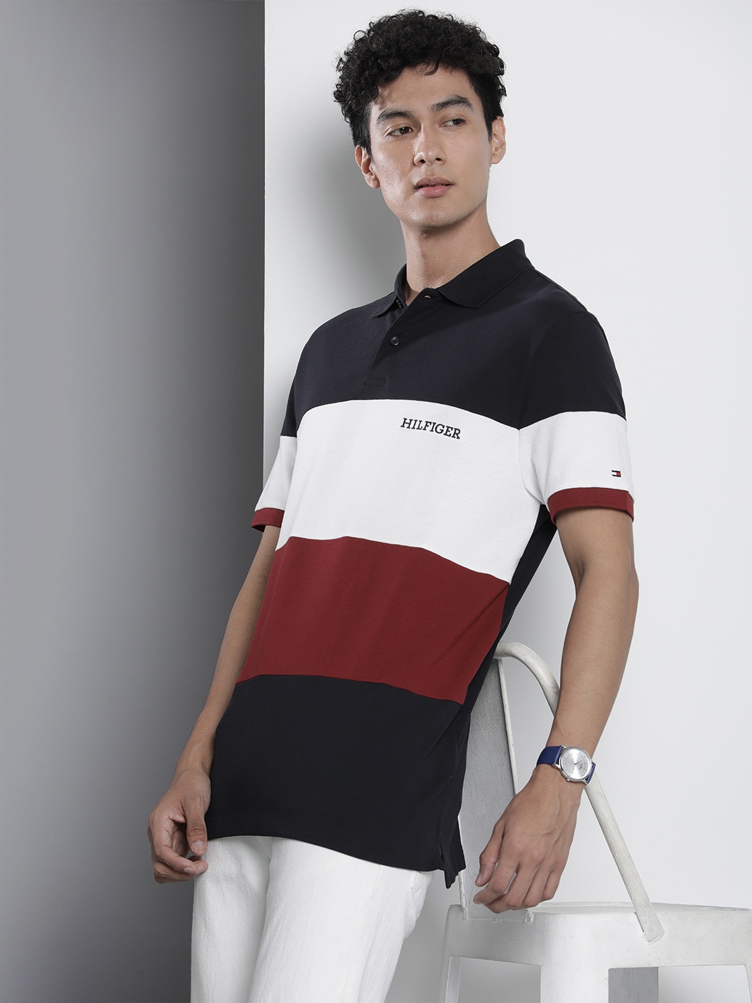 

Tommy Hilfiger Pure Cotton Colourblocked Polo Collar Casual T-shirt, Navy blue