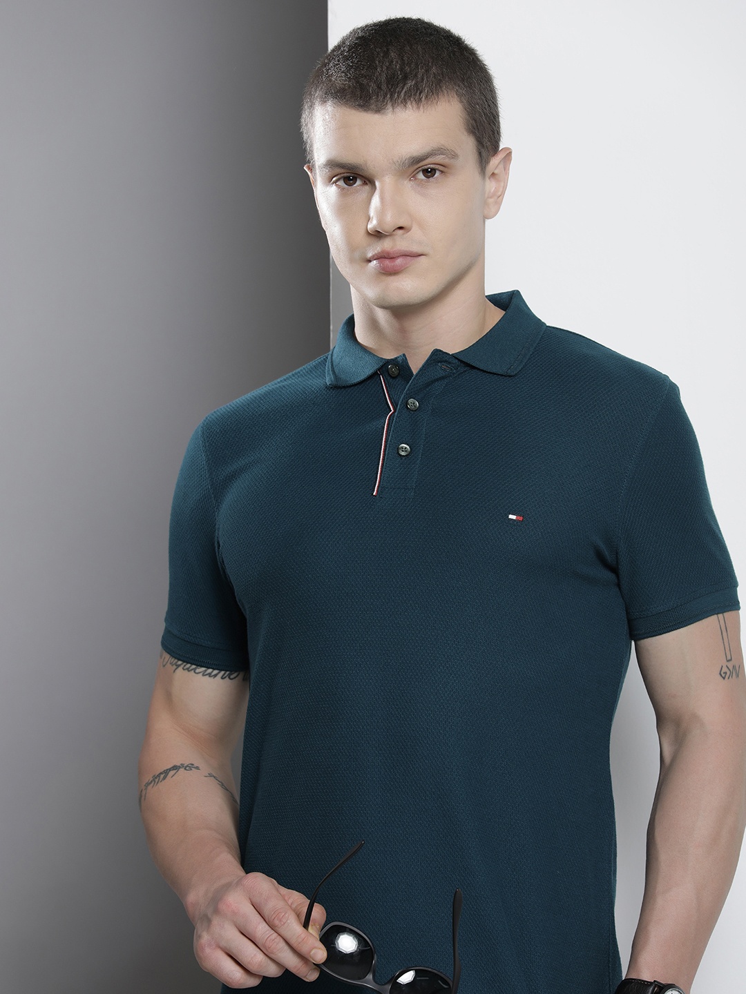 

Tommy Hilfiger Pure Cotton Polo Collar Slim Fit Casual T-shirt, Teal