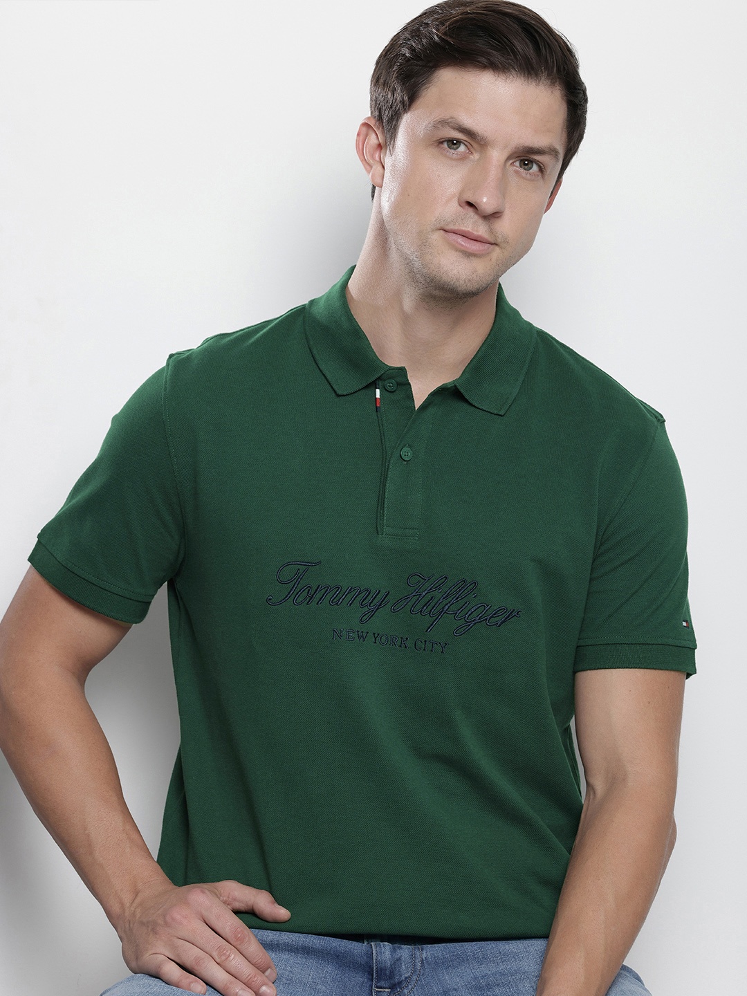 

Tommy Hilfiger Brand Logo Embroidery Detail Polo Collar Pure Cotton T-shirt, Green