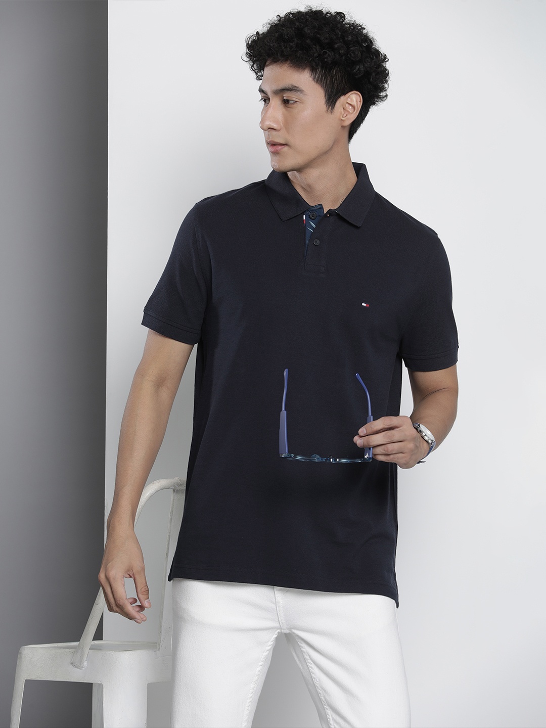 

Tommy Hilfiger Pure Cotton Polo Collar Solid Casual T-shirt, Navy blue