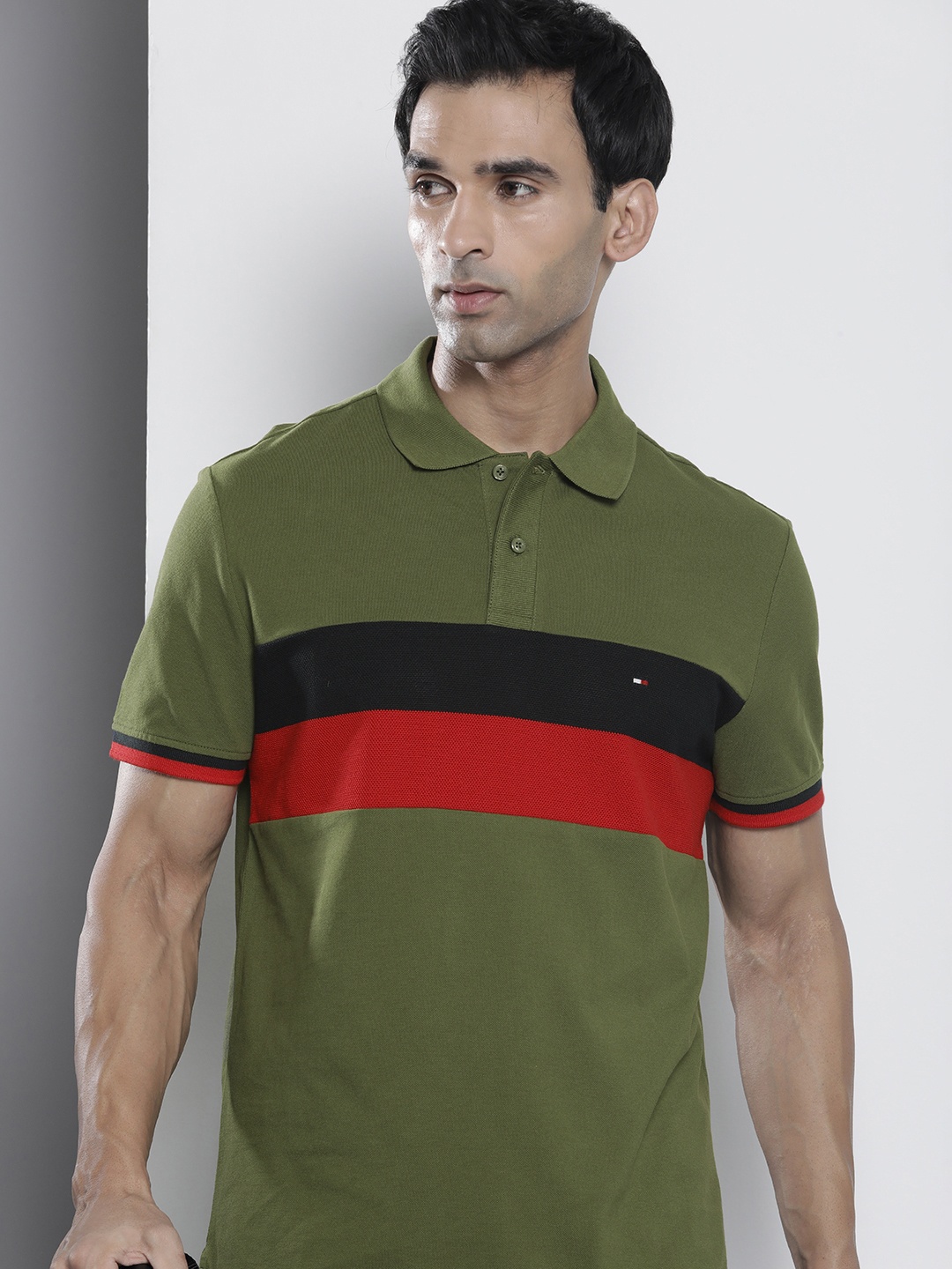 

Tommy Hilfiger Pure Cotton Colourblocked Polo Collar Regular Fit Casual T-shirt, Olive