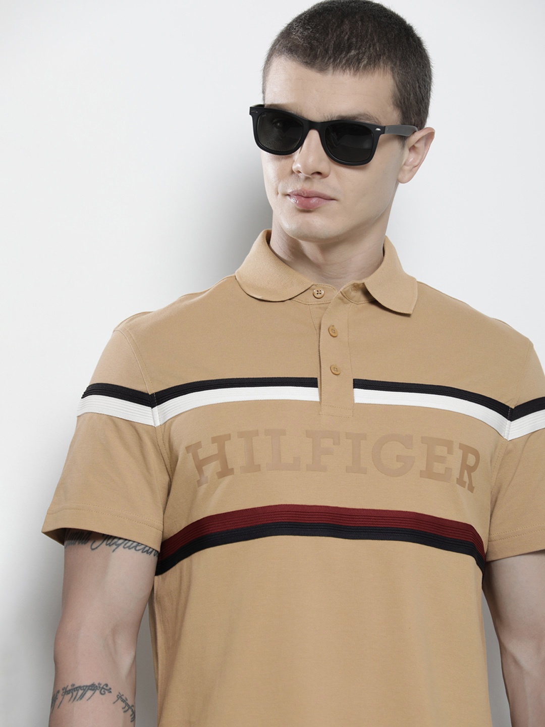 

Tommy Hilfiger Pure Cotton Polo Collar Striped Casual T-shirt, Khaki