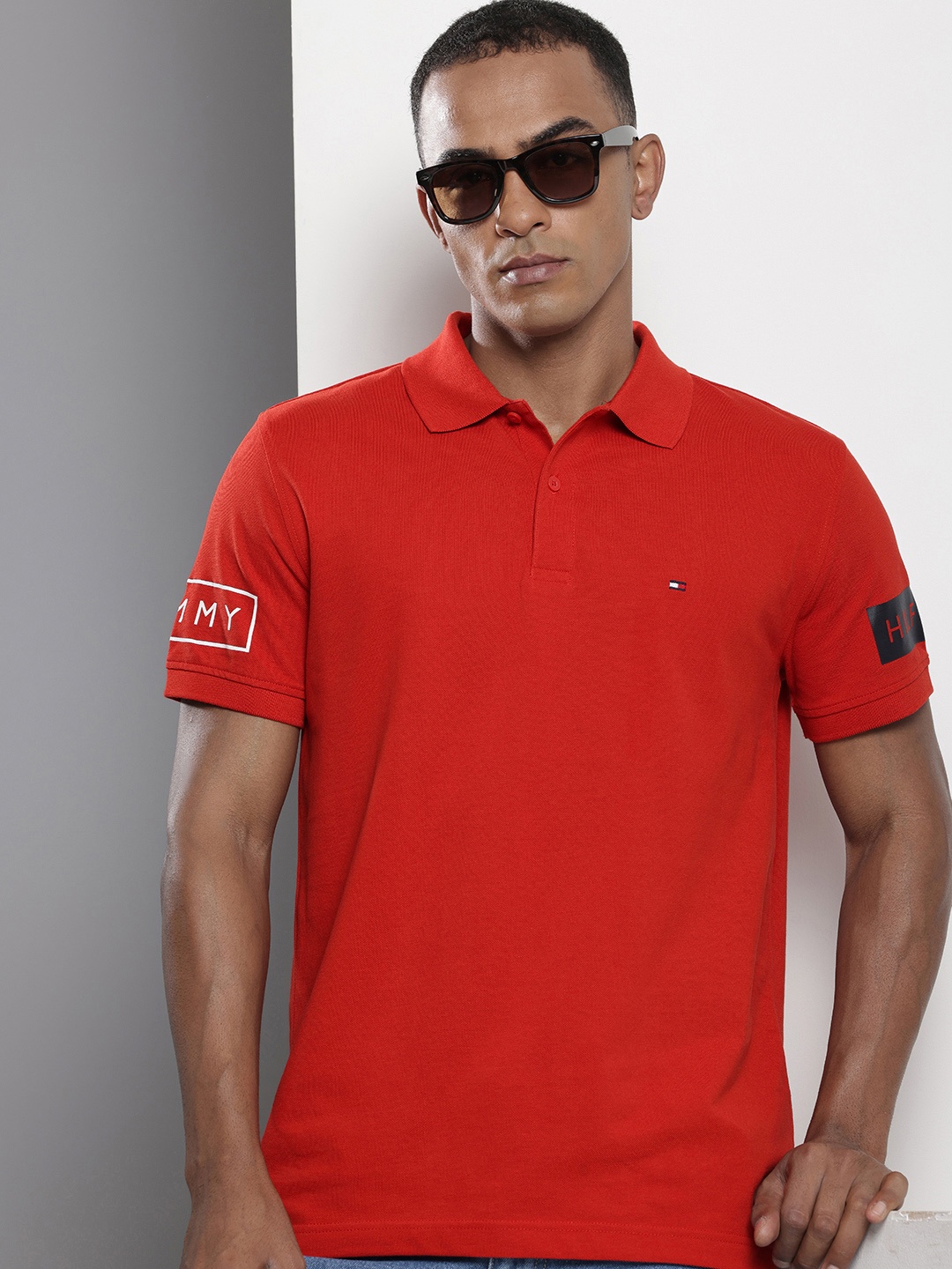 

Tommy Hilfiger Pure Cotton Brand Logo Printed Polo Collar T-shirt, Red