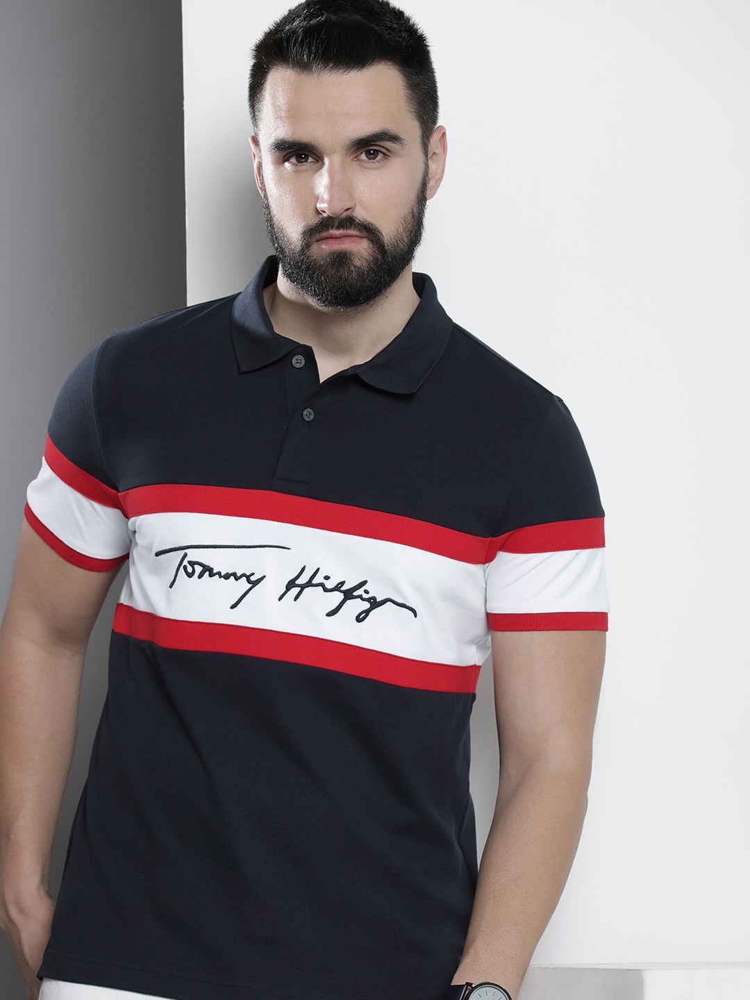 

Tommy Hilfiger Slim Fit Colourblocked Polo Collar Casual T-shirt, Navy blue