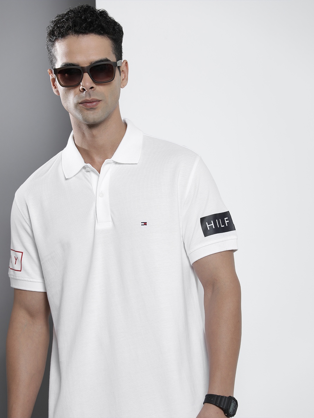 

Tommy Hilfiger Men Brand Logo Placement Print Polo Collar Pure Cotton T-shirt, White