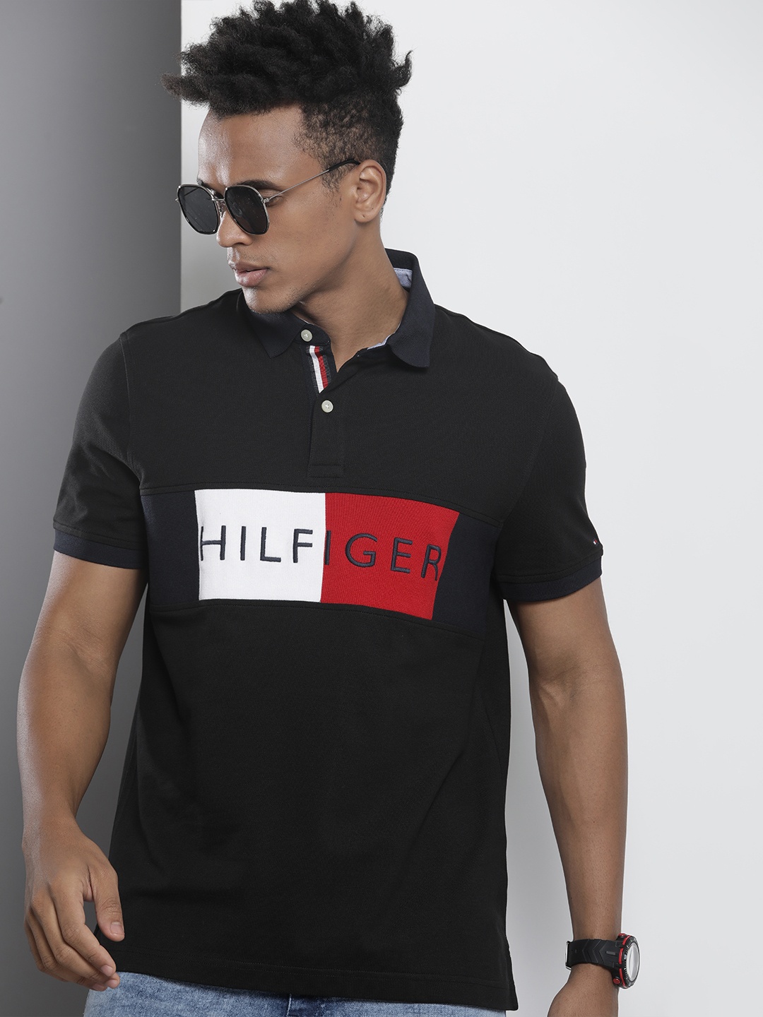 

Tommy Hilfiger Brand Logo Printed Polo Collar Regular Fit Casual T-shirt, Black