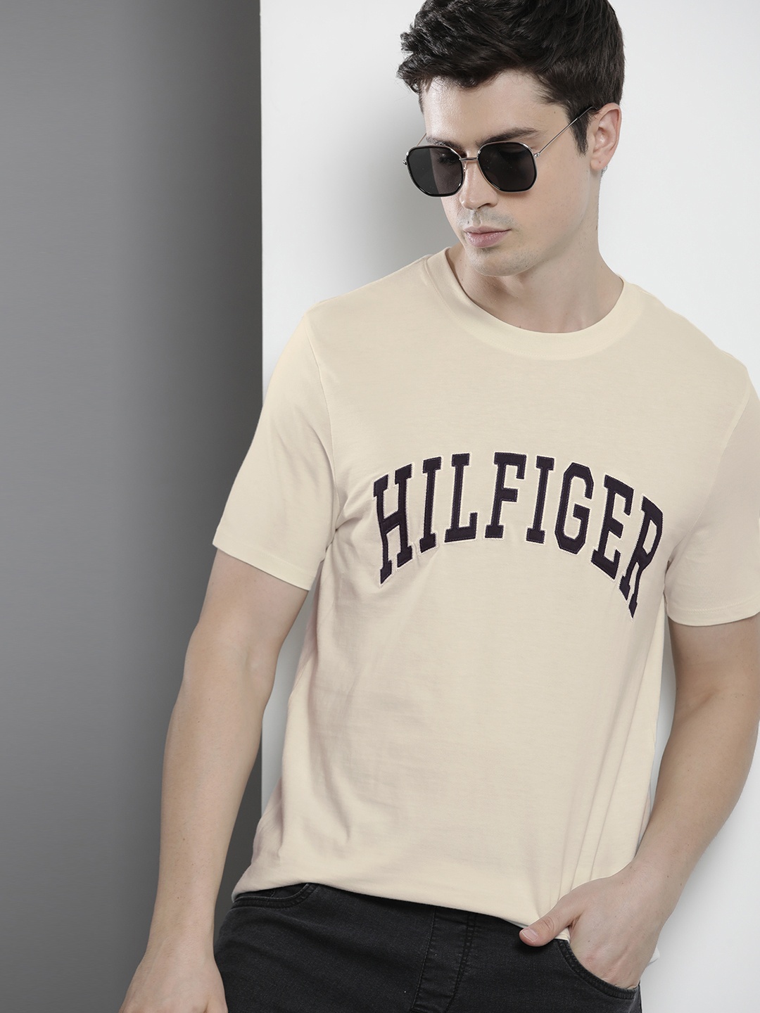 

Tommy Hilfiger Embroidered Brand Logo Detail Pure Cotton T-shirt, Cream