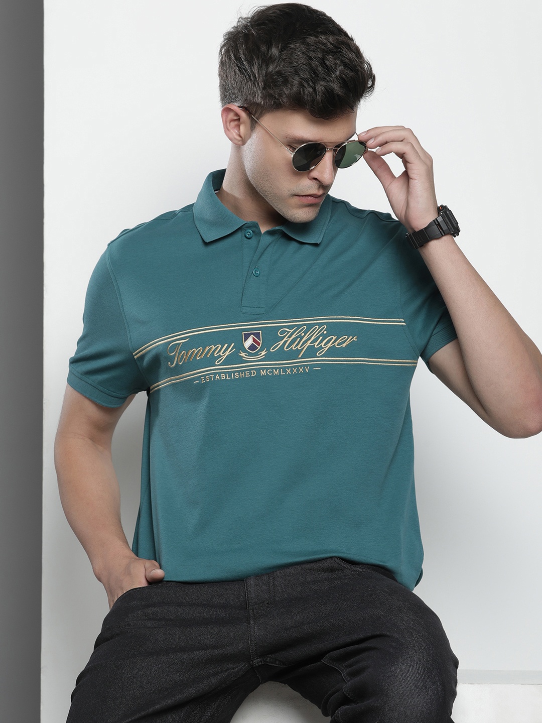 

Tommy Hilfiger Pure Cotton Brand Logo Embroidered Polo Collar Casual T-shirt, Teal