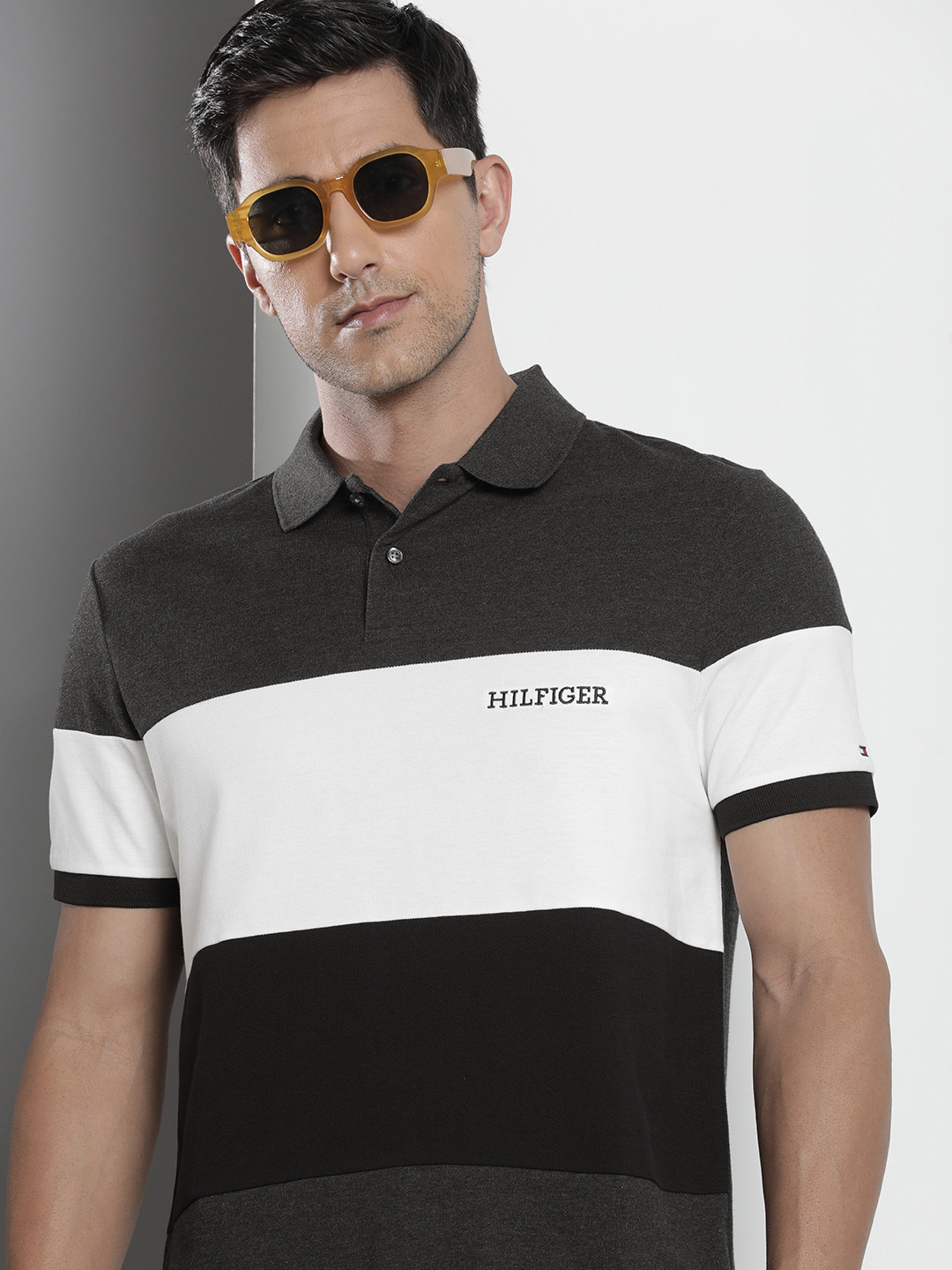 

Tommy Hilfiger Colourblocked Polo Collar Pure Cotton T-shirt, Charcoal