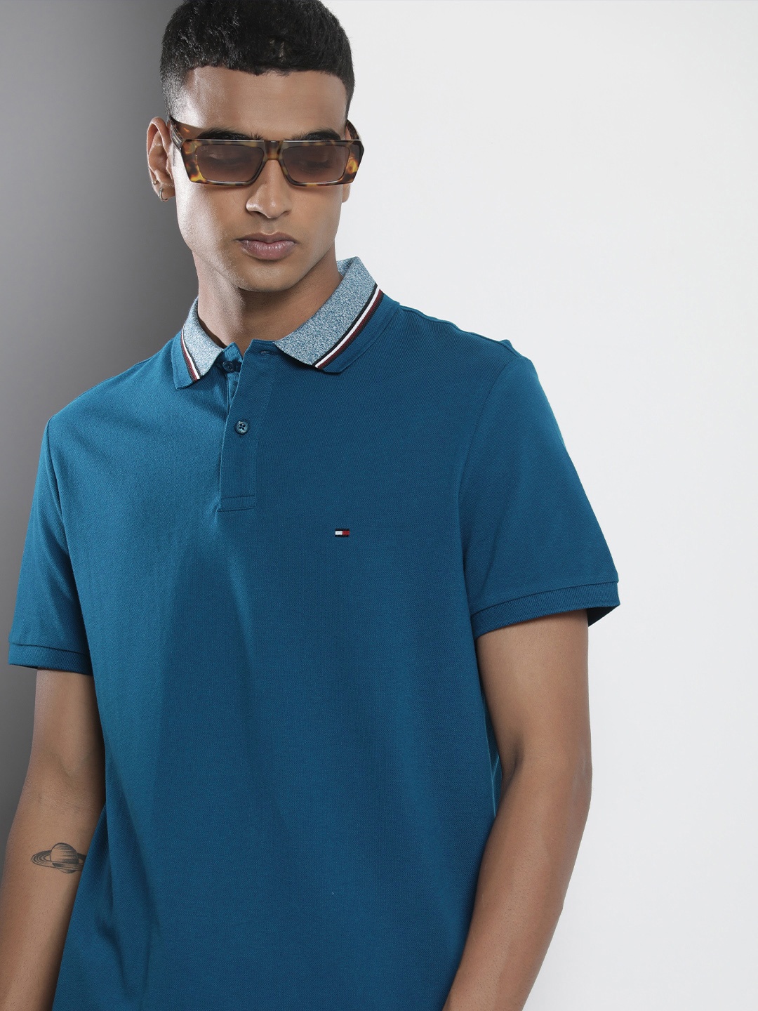 

Tommy Hilfiger Solid Polo Collar Pure Cotton T-shirt, Teal
