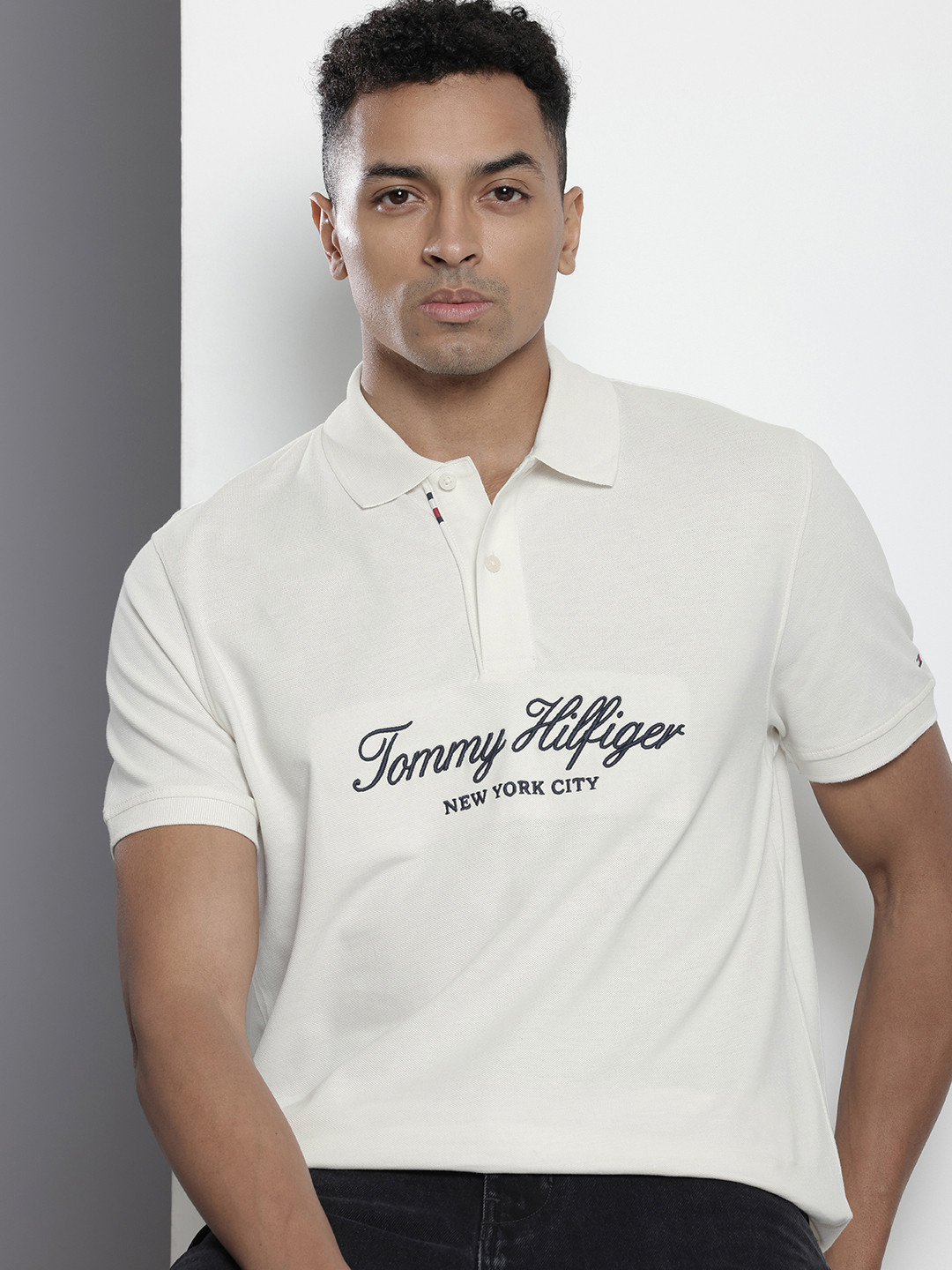 

Tommy Hilfiger Brand Logo Embroidery Detailing Polo Collar Pure Cotton T-shirt, White