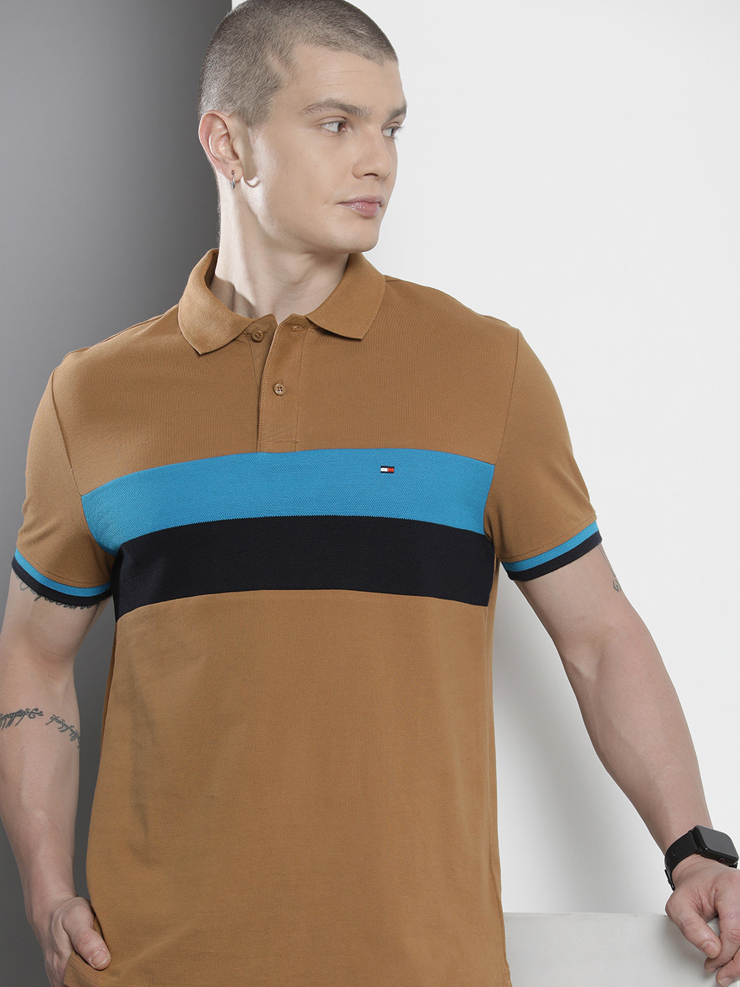 

Tommy Hilfiger Colourblocked Polo Collar Pure Cotton T-shirt, Camel brown
