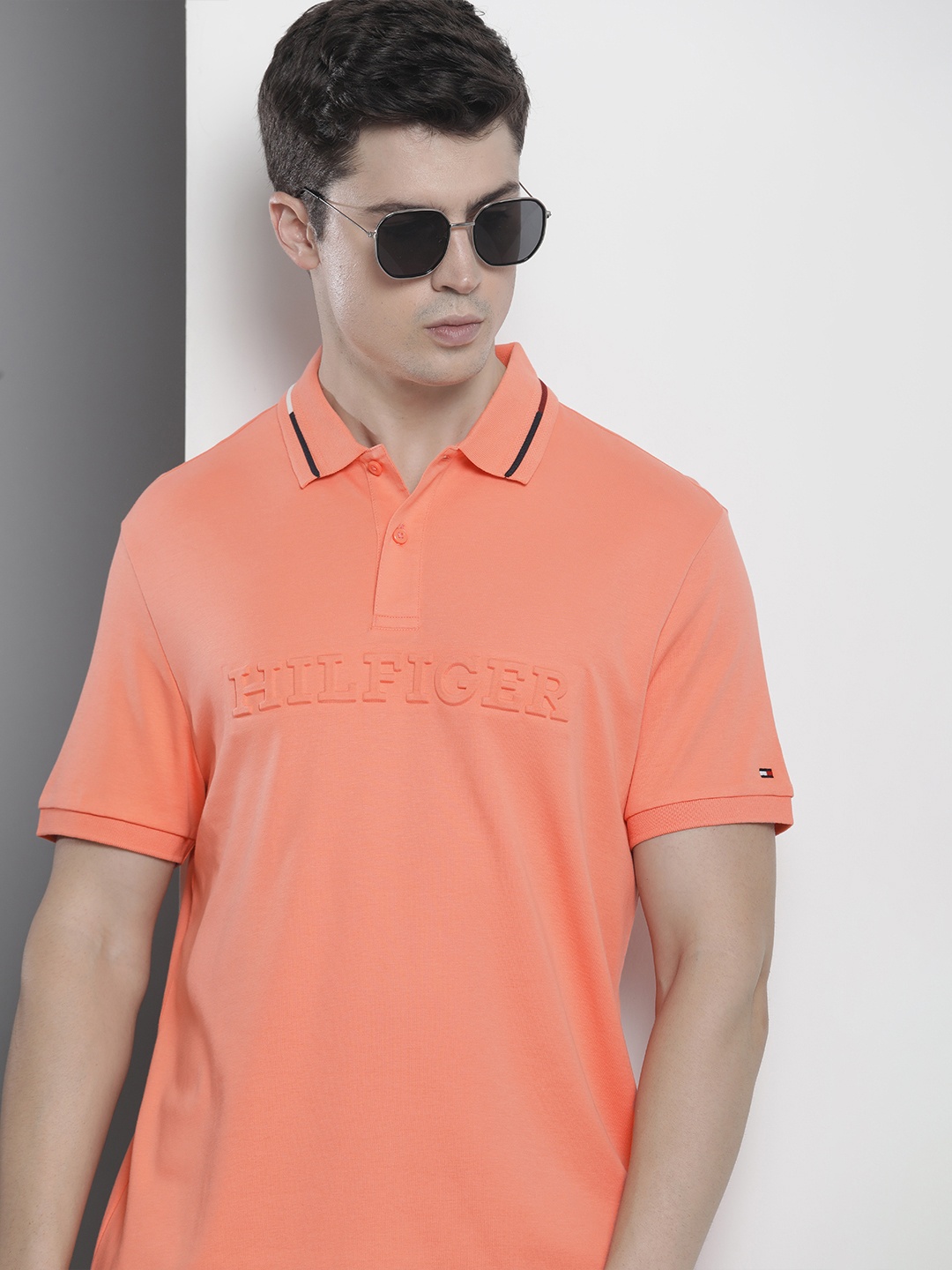 

Tommy Hilfiger Pure Cotton Brand Logo Printed Polo Collar Regular Fit Casual T-shirt, Peach