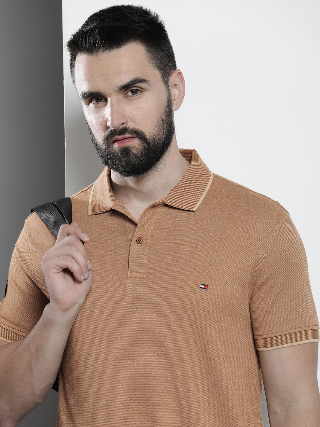 

Tommy Hilfiger Pure Cotton Polo Collar Slim Fit Casual T-shirt, Brown