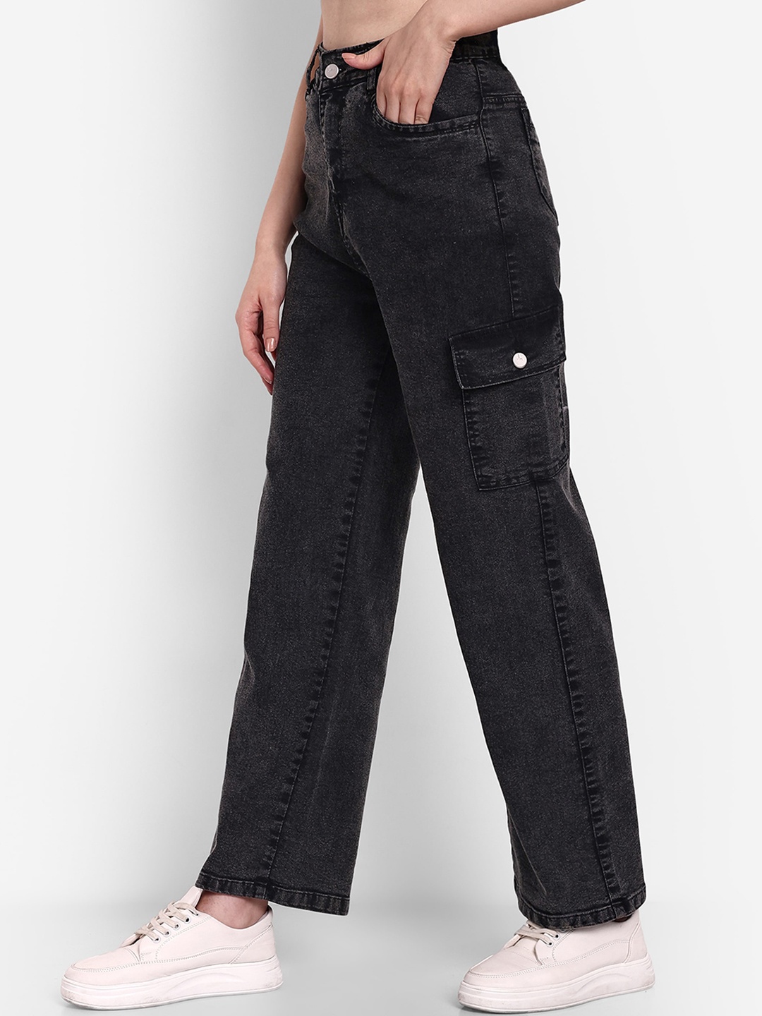 

Next One Women Smart Wide Leg High-Rise Mildly Distressed Stretchable Jeans, Black