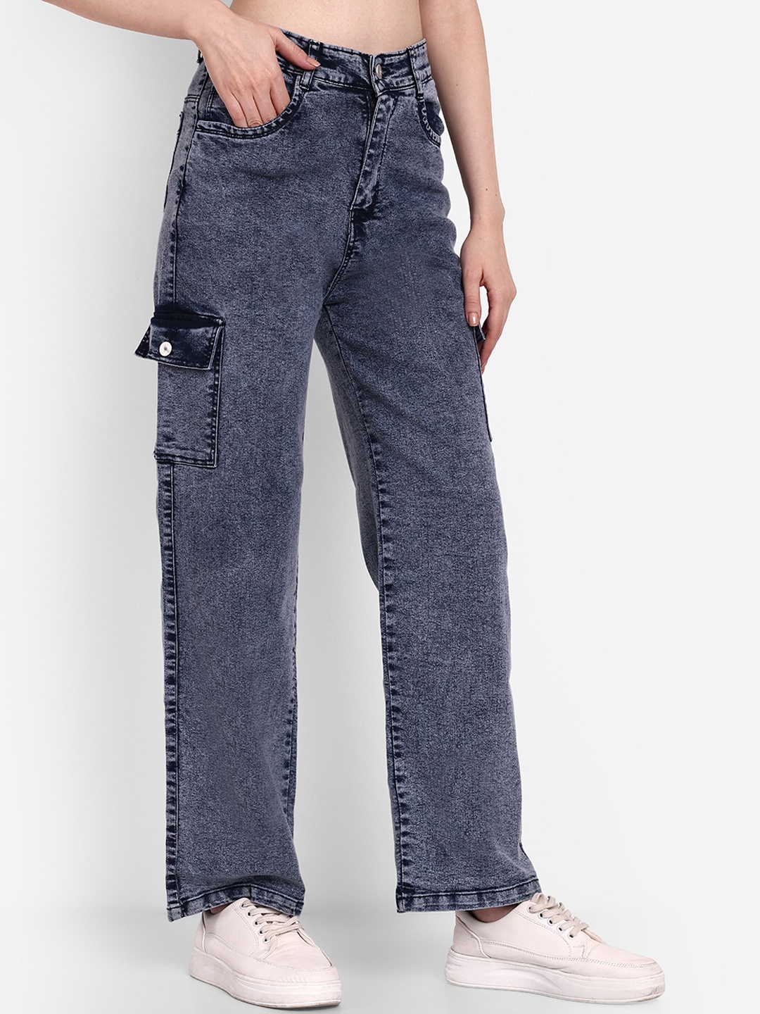 

Next One Women Smart Wide Leg High-Rise Mildly Distressed Stretchable Jeans, Blue
