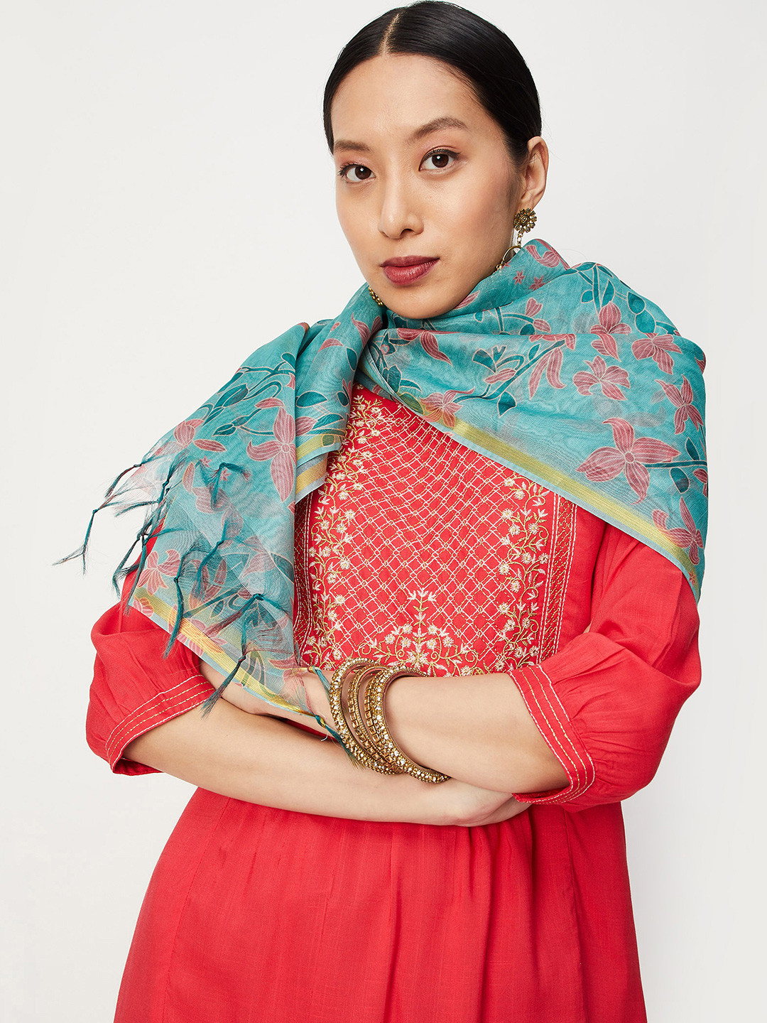 

max Floral Printed Zari Dupatta, Blue