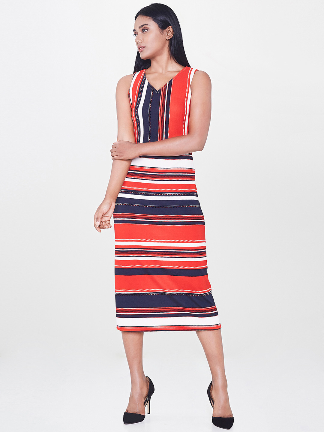 

AND Women Navy & Red Striped Bodycon Dress, Navy blue