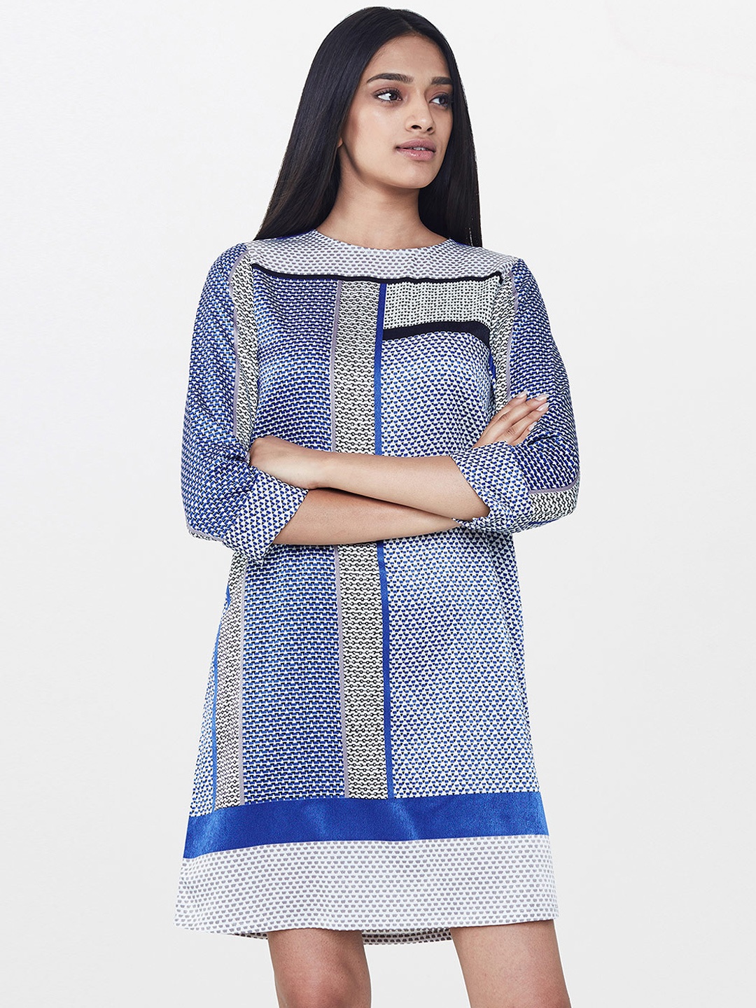 

AND Women Blue Printed A-Line Dress