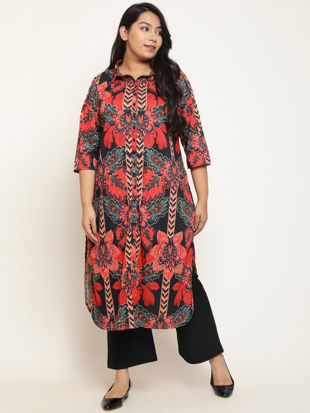 

Amydus Plus Size Floral Printed Shirt Collar Cotton Linen Pathani Kurta, Black