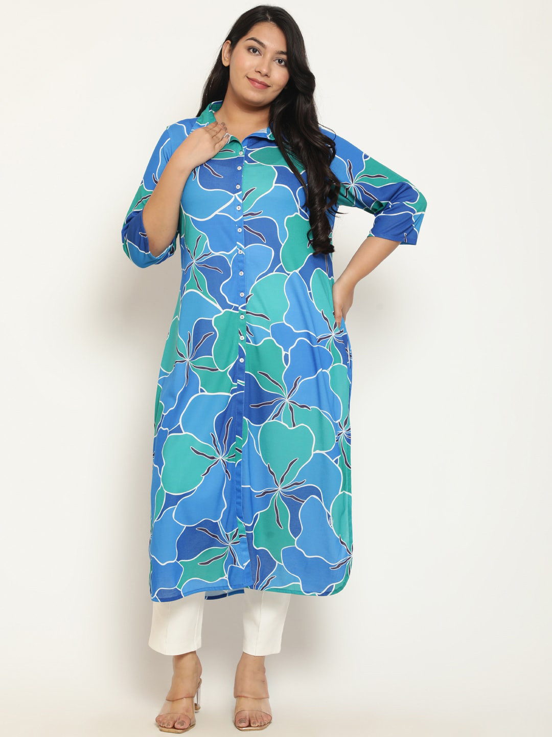 

Amydus Floral Printed Shirt Collar Regular Cotton Kurta Plus Size, Blue