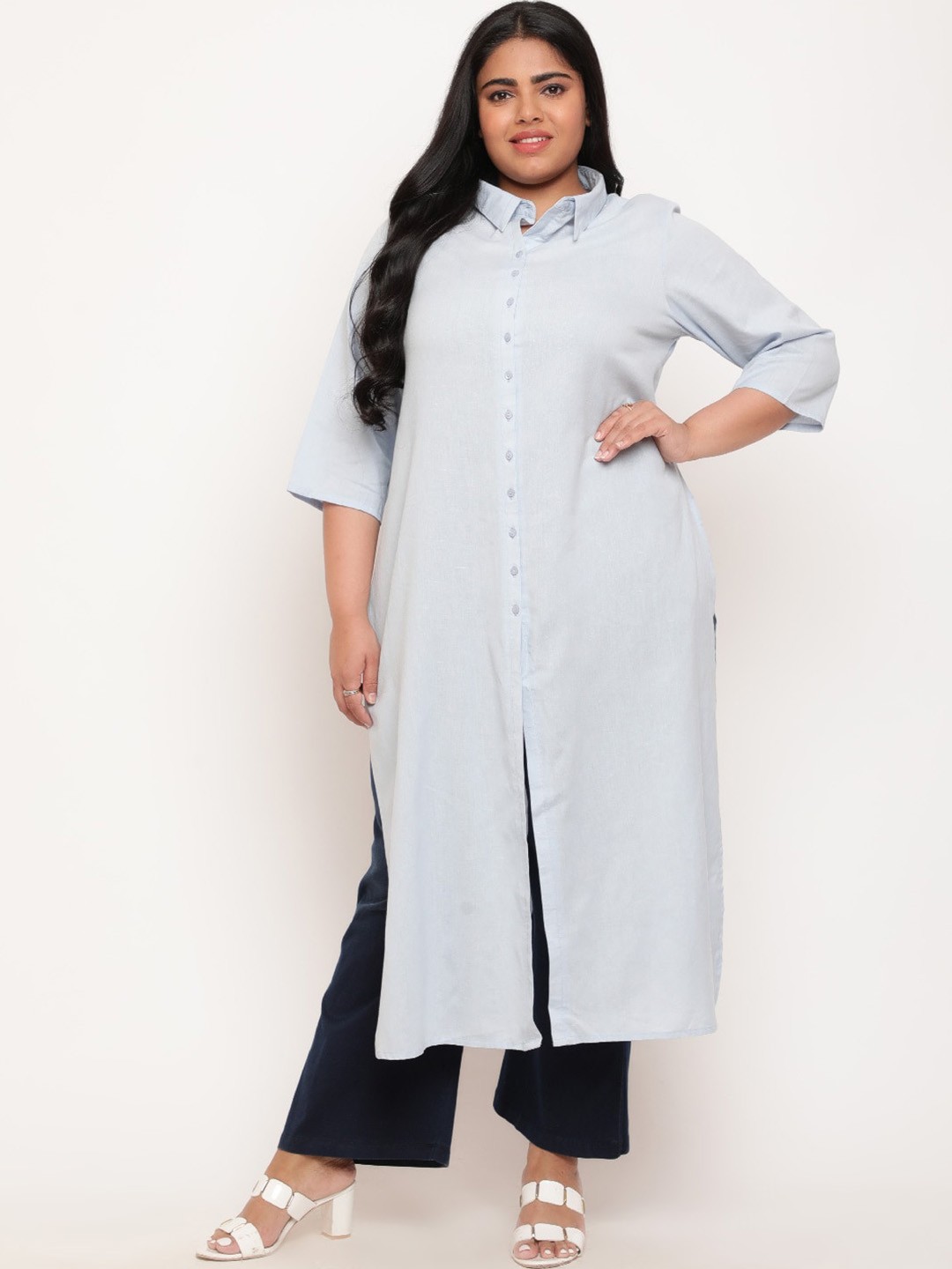 

Amydus Plus Size Shirt Collar Cotton Linen Kurta, Blue