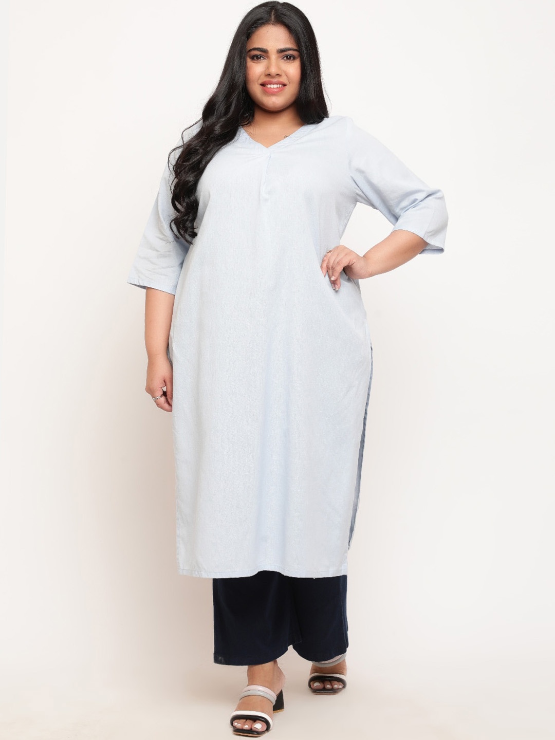 

Amydus Plus Size V-Neck Cotton Linen Straight Kurta, Blue