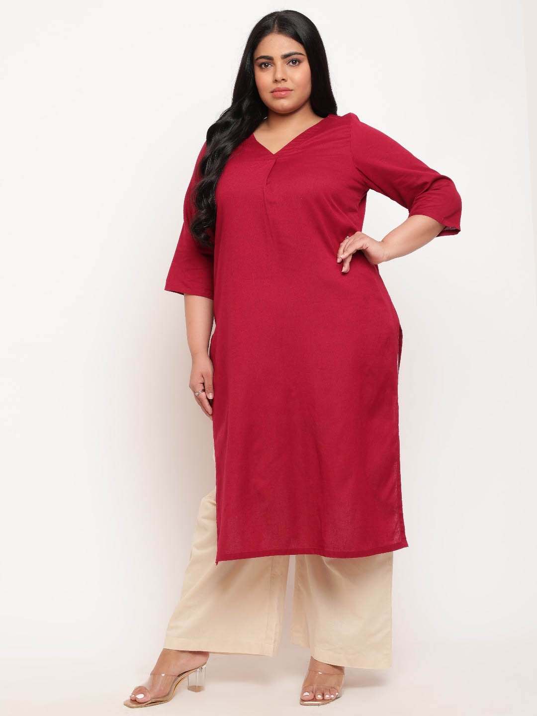 

Amydus V Neck Straight Cotton Kurta Plus Size, Red