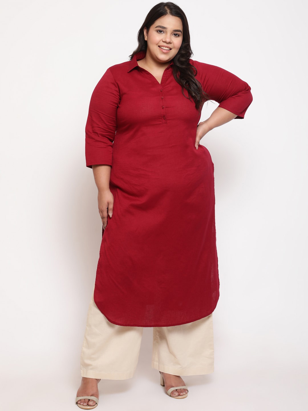 

Amydus Pathani Shirt Collar Plus Size Cotton Kurta, Red