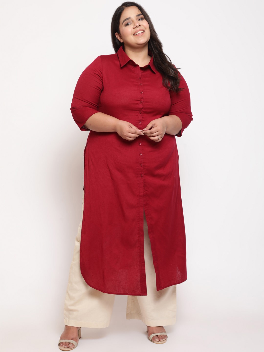 

Amydus Plus Size Shirt Collar Cotton Linen Pathani Kurta, Red