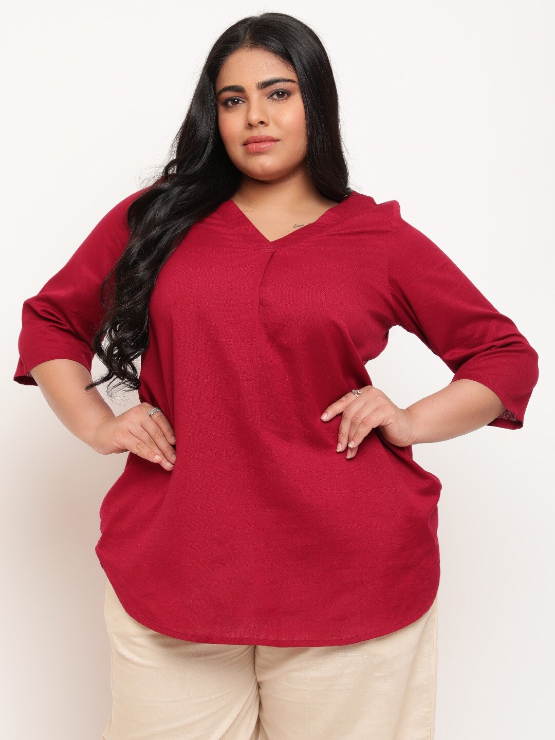 

Amydus Plus Size Cotton Linen Blouson Top, Red