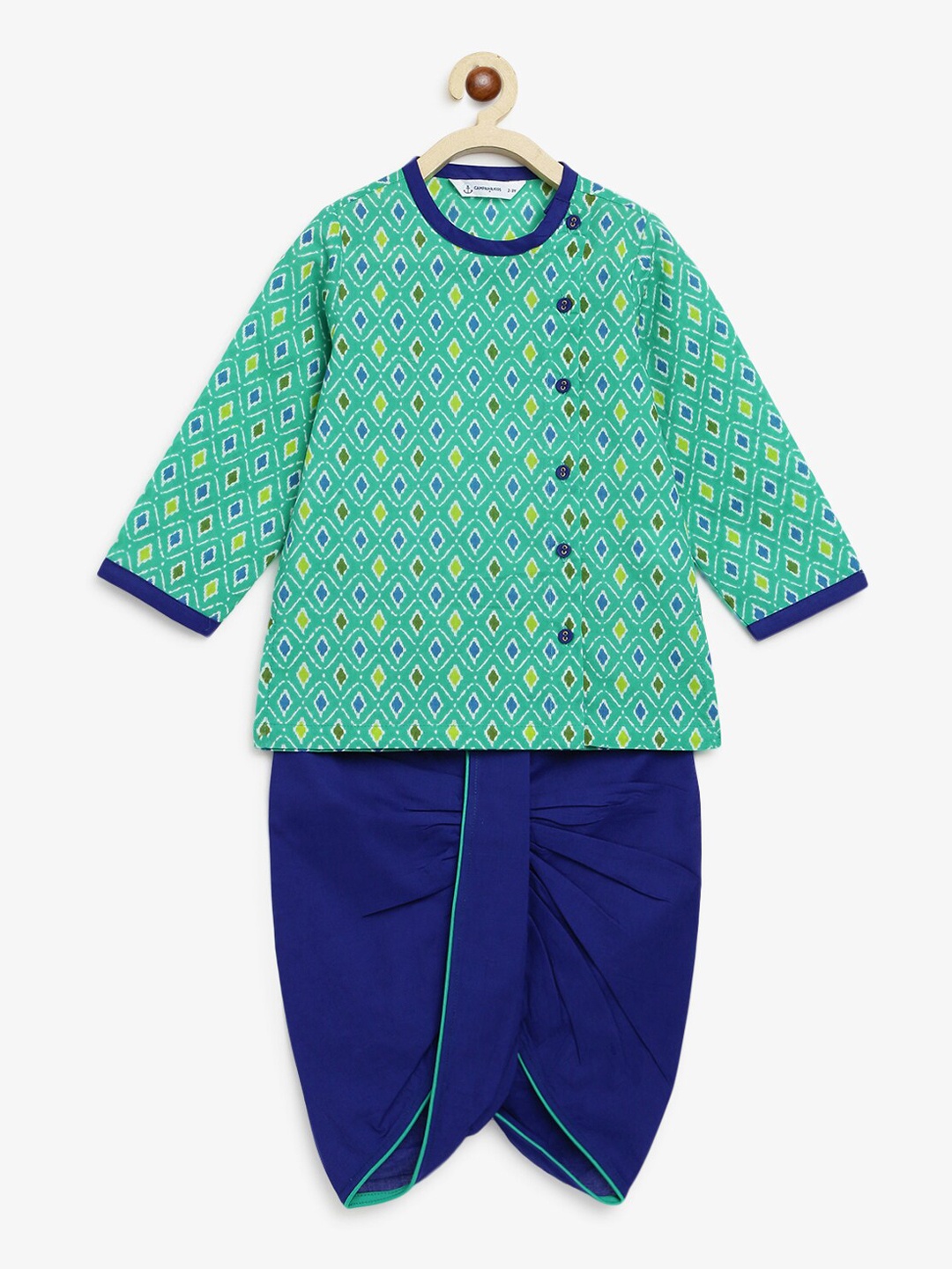 

Campana Boys Ethinic Printed Regular Pure Cotton Kurta with Dhoti Pants, Teal