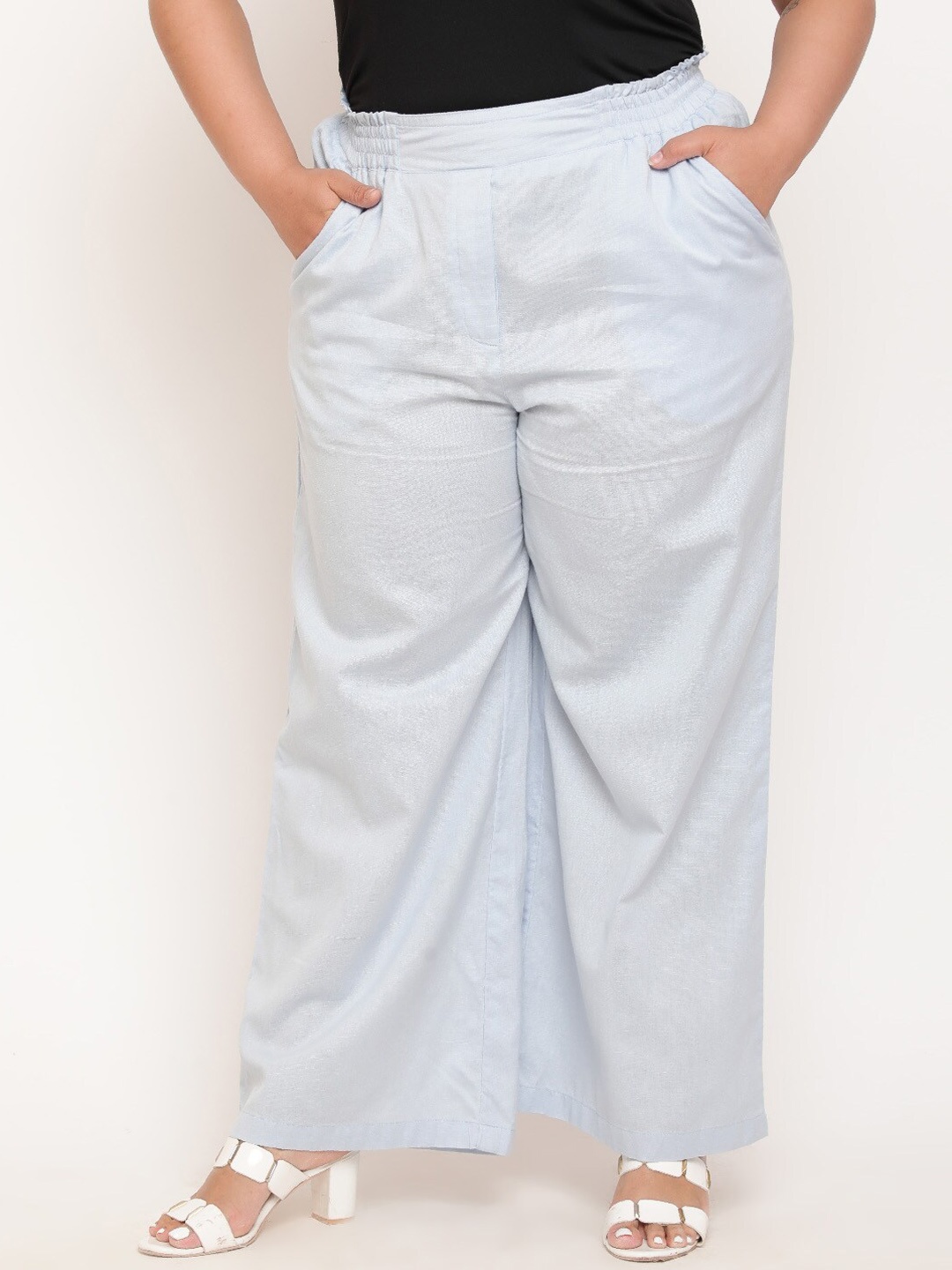 

Amydus Women Plus Size High-Rise Parallel Cotton Linen Trousers, Blue