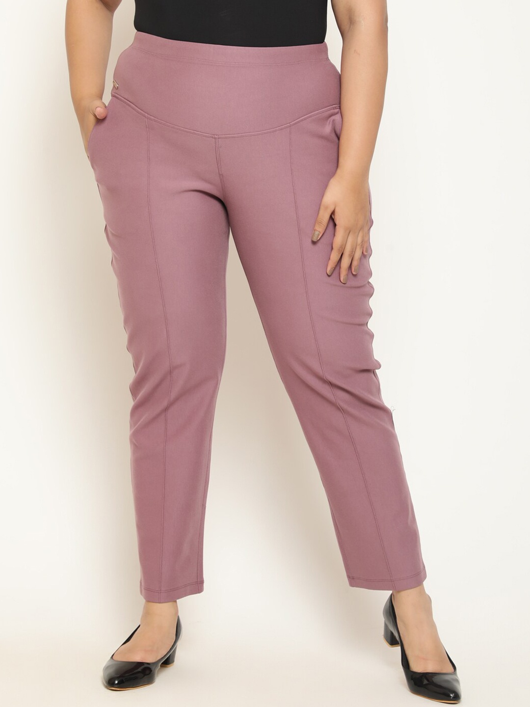 

Amydus Women Plus Size Straight Fit High-Rise Cigarette Trousers, Purple