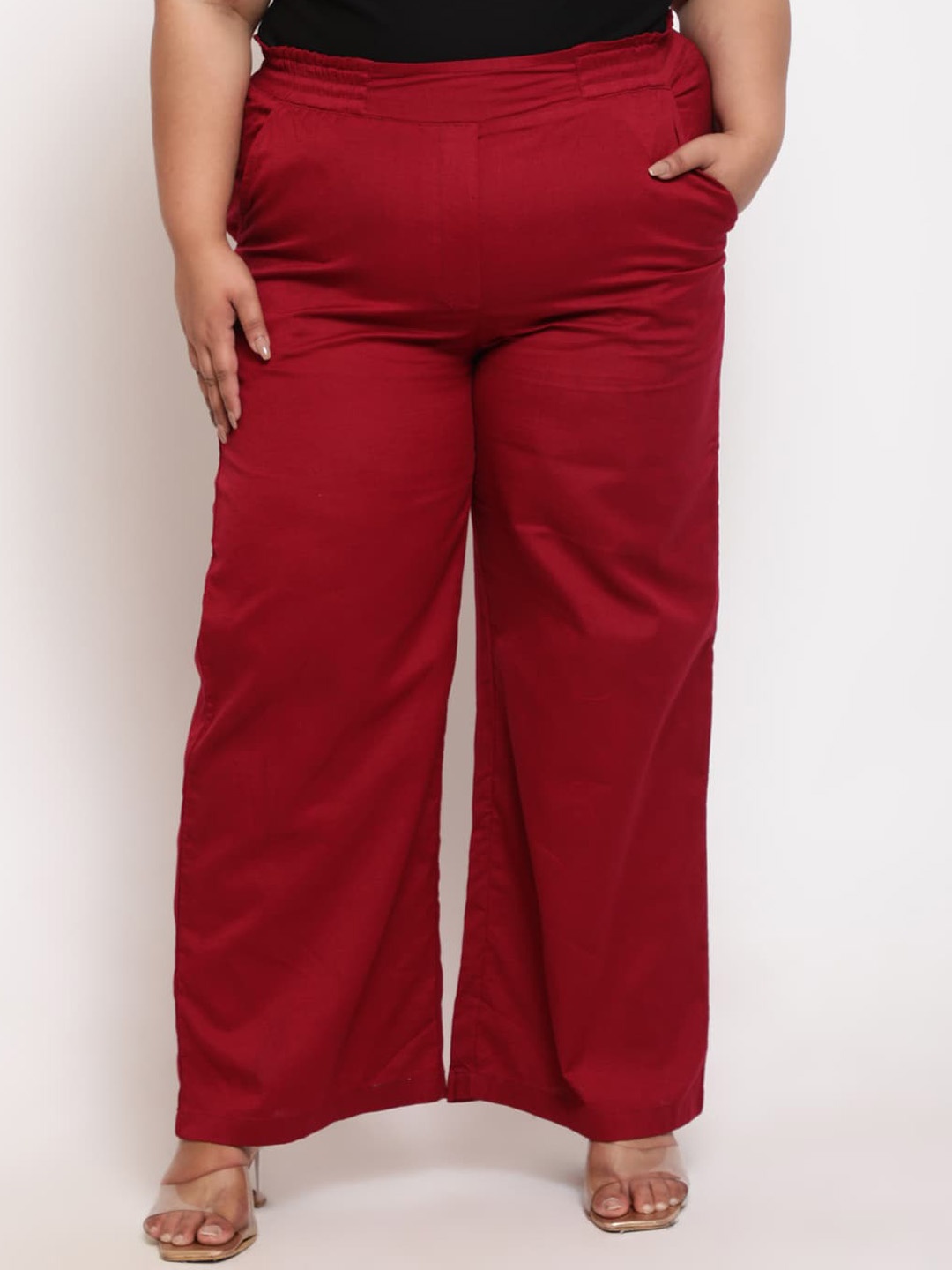 

Amydus Women Plus Size High-Rise Parallel Cotton Linen Trousers, Red