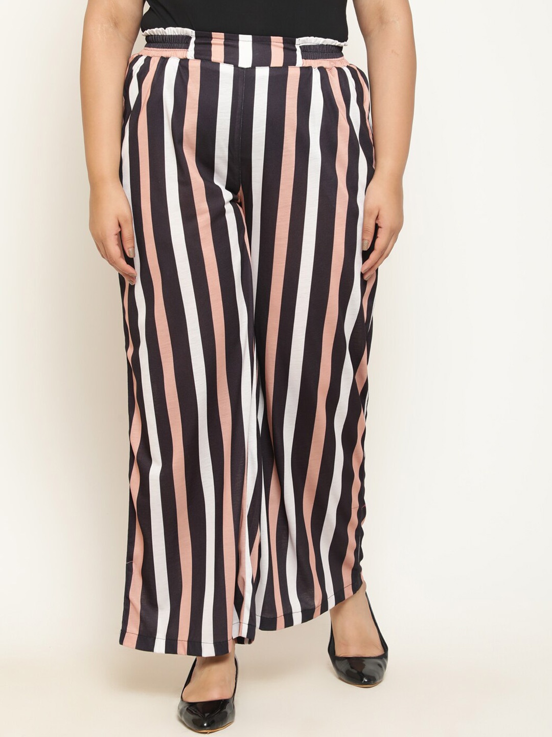 

Amydus Women Plus Size Striped High-Rise Parallel Trousers, Black