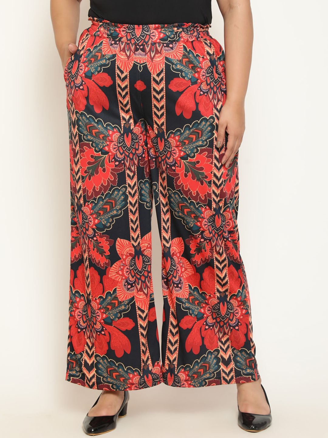 

Amydus Women Plus Size Ethnic Motif Printed High-Rise Pleated Cotton Parallel Trousers, Black