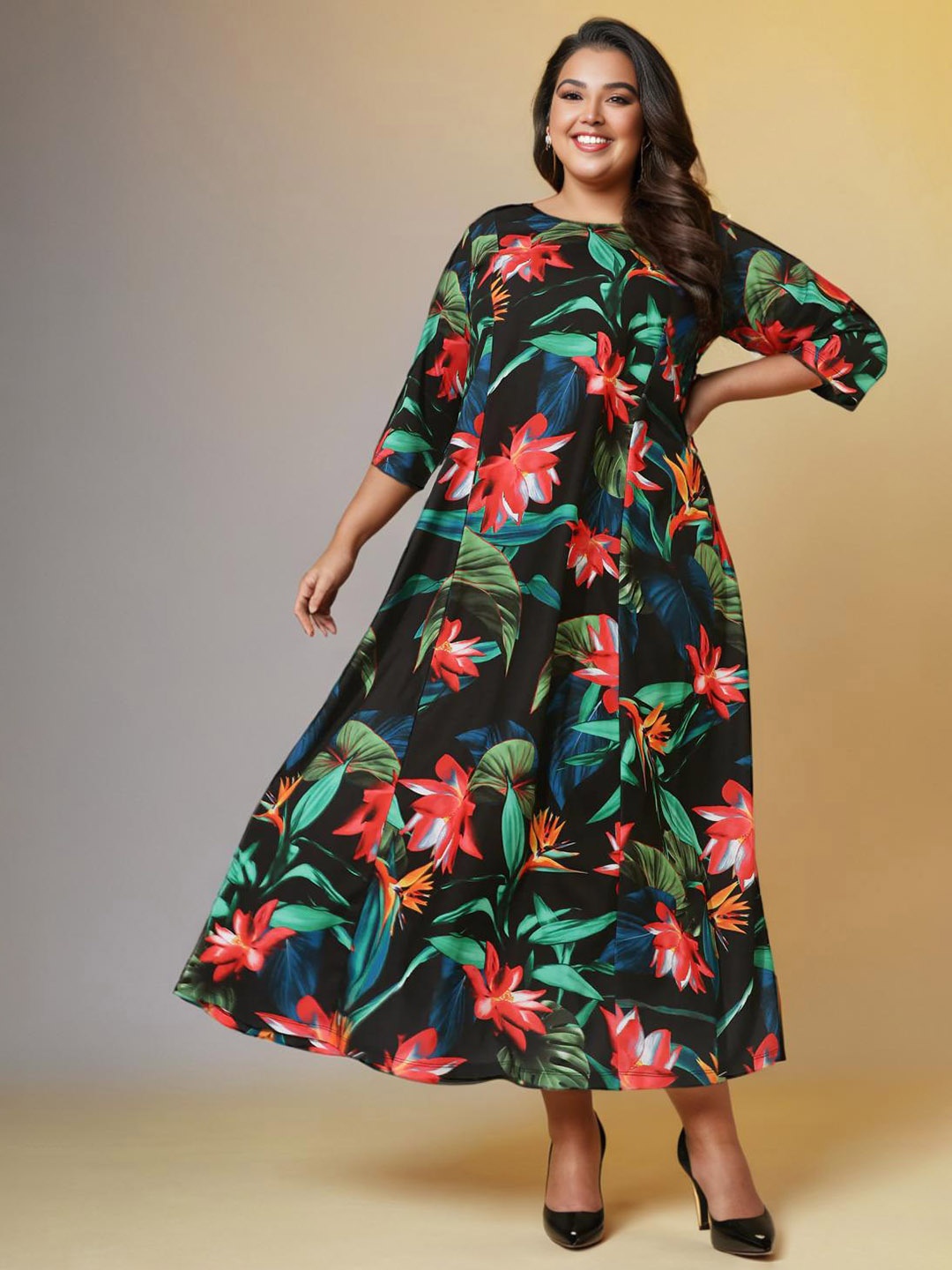 

Amydus Plus Size Floral Printed V-Neck A-Line Maxi Dress, Black