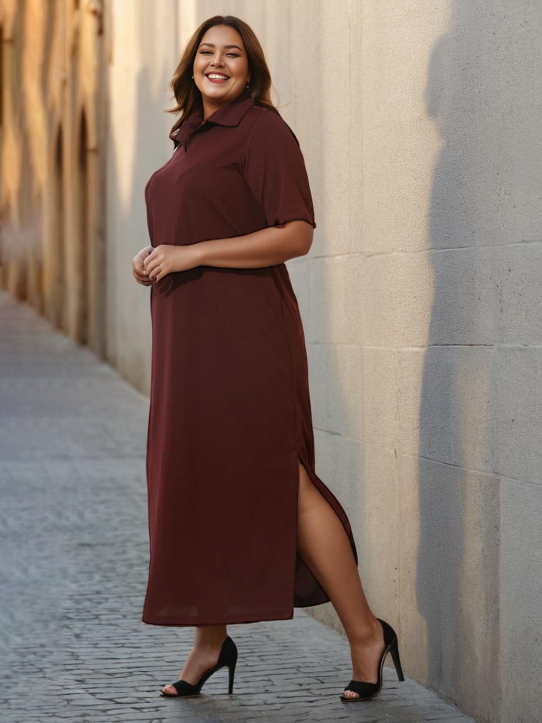 

Amydus Plus Size Shirt Collar Maxi Dress, Maroon