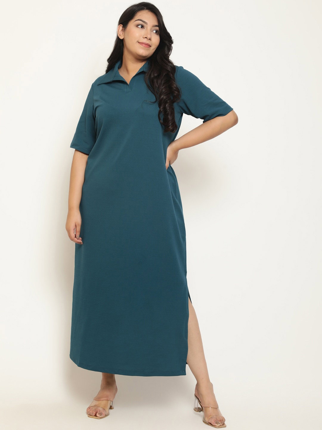 

Amydus Plus Size Shirt Collar Maxi Dress, Green