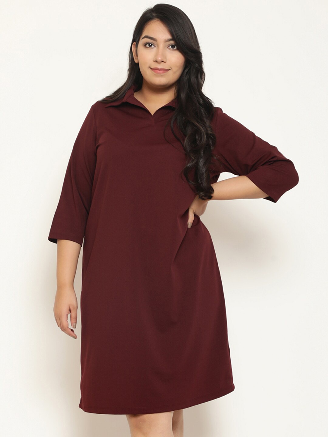 

Amydus Plus Size Shirt Collar A-Line Dress, Maroon