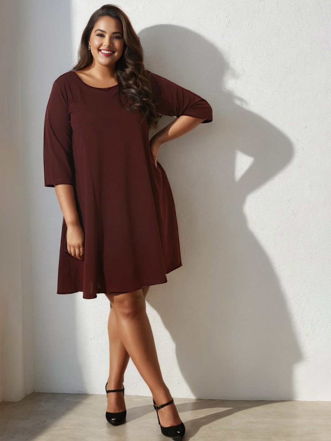 

Amydus Plus Size V-Neck A-Line Dress, Maroon