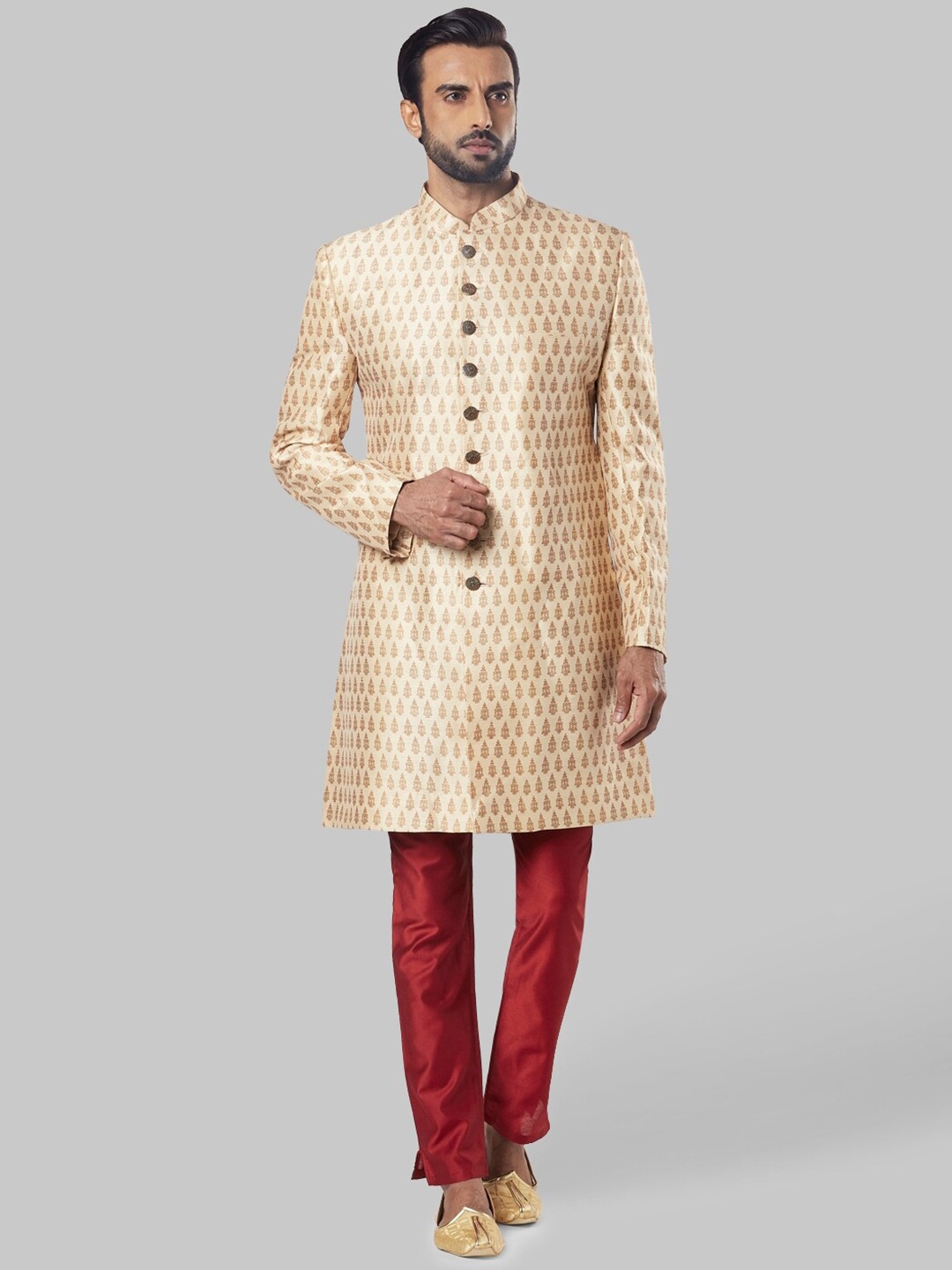 

Ethnix by Raymond Ethnic Motifs Printed Mandarin Collar A-Line Kurta, Beige